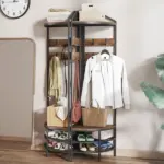 HOMCOM Corner Hall Tree, Industrial 4-Tier Coat Rack with Shoe Storage, 8 Movable Hooks and 2 Shelves for Hallway, Rustic Brown - Image 8