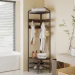 HOMCOM Corner Hall Tree, Industrial 4-Tier Coat Rack with Shoe Storage, 8 Movable Hooks and 2 Shelves for Hallway, Rustic Brown - Image 9