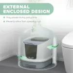 Covered Cat Litter Box with Lid, Drawer, Scoop, Top Entry, Deodorizing Bags, Odor Control, Easy to Clean, Gray - Image 4