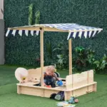 Outsunny Covered Wooden Sandbox with Adjustable Canopy, Convertible Bench Seat, and Backrests, Bottom Liner, Natural Blue - Image 2
