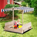 Outsunny Covered Wooden Sandbox with Adjustable Canopy, Convertible Bench Seat, and Backrests, Bottom Liner, Natural Blue - Image 12