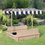 Outsunny Covered Wooden Sandbox with Adjustable Canopy, Convertible Bench Seat, and Backrests, Bottom Liner, Natural Blue - Image 15