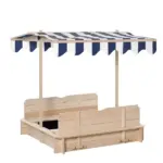 Outsunny Covered Wooden Sandbox with Adjustable Canopy, Convertible Bench Seat, and Backrests, Bottom Liner, Natural Blue - Image 16