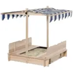 Outsunny Covered Wooden Sandbox with Adjustable Canopy, Convertible Bench Seat, and Backrests, Bottom Liner, Natural Blue
