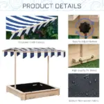 Outsunny Covered Wooden Sandbox with Adjustable Canopy, Convertible Bench Seat, and Backrests, Bottom Liner, Natural Blue - Image 8
