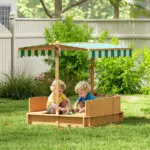 Covered Wooden Sandbox with Adjustable Canopy, Convertible Bench Seat, and Backrests, Bottom Liner, Natural Green - Image 2