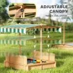 Covered Wooden Sandbox with Adjustable Canopy, Convertible Bench Seat, and Backrests, Bottom Liner, Natural Green - Image 4