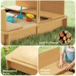 Covered Wooden Sandbox with Adjustable Canopy, Convertible Bench Seat, and Backrests, Bottom Liner, Natural Green - Image 9