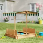 Covered Wooden Sandbox with Adjustable Canopy, Convertible Bench Seat, and Backrests, Bottom Liner, Natural Green - Image 10