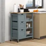 HOMCOM Dining Rolling Kitchen Cart, Gray, with Wood Top, Shelves and Drawers - Image 2