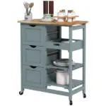HOMCOM Dining Rolling Kitchen Cart, Gray, with Wood Top, Shelves and Drawers