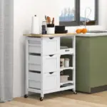 HOMCOM Dining Rolling Kitchen Island, White, with Wood Top, Shelves and Drawers - Image 2