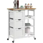 HOMCOM Dining Rolling Kitchen Island, White, with Wood Top, Shelves and Drawers - Image 11