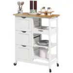 HOMCOM Dining Rolling Kitchen Island, White, with Wood Top, Shelves and Drawers