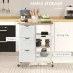 HOMCOM Dining Rolling Kitchen Island, White, with Wood Top, Shelves and Drawers - Image 4