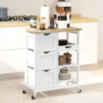 HOMCOM Dining Rolling Kitchen Island, White, with Wood Top, Shelves and Drawers - Image 10