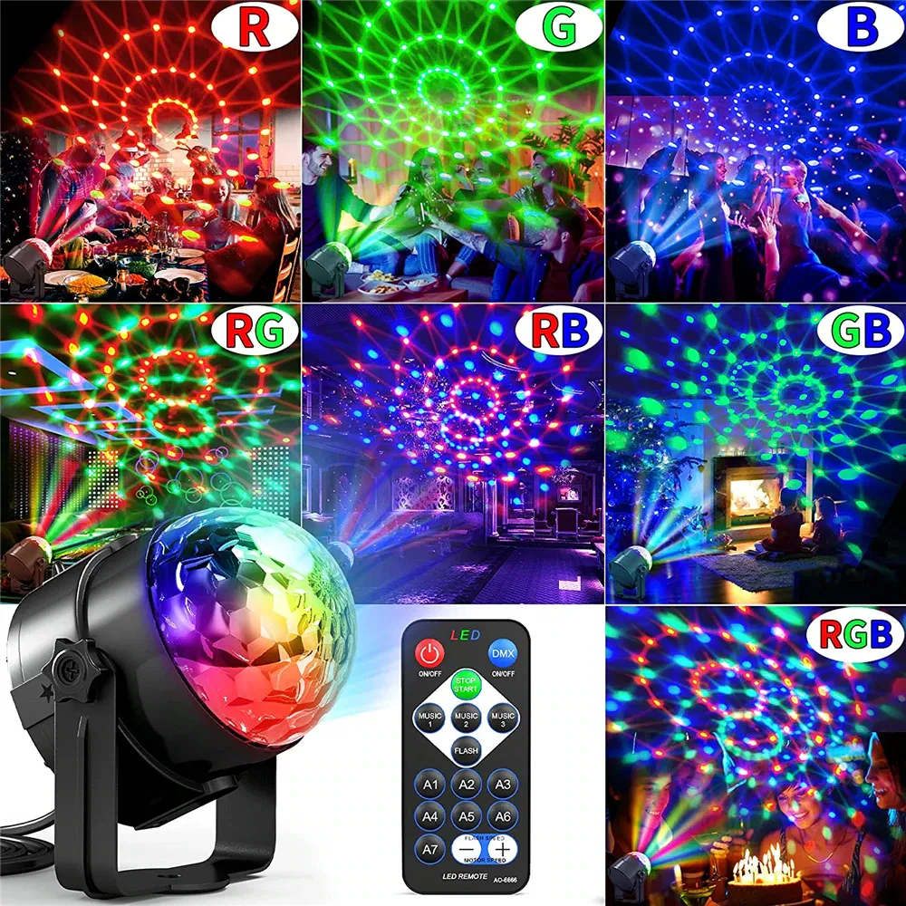 Sound Activated LED Disco Party Light with Remote and Strobe Effects