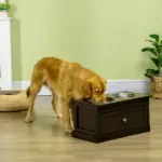Double Elevated Dog Bowls for Large Dogs, Raised Dog Feeding Station with 2 Stainless Steel Bowls, Storage Drawer and Wood Stand for Cats, Brown - Image 2
