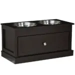 Double Elevated Dog Bowls for Large Dogs, Raised Dog Feeding Station with 2 Stainless Steel Bowls, Storage Drawer and Wood Stand for Cats, Brown