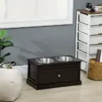 Double Elevated Dog Bowls for Large Dogs, Raised Dog Feeding Station with 2 Stainless Steel Bowls, Storage Drawer and Wood Stand for Cats, Brown - Image 10