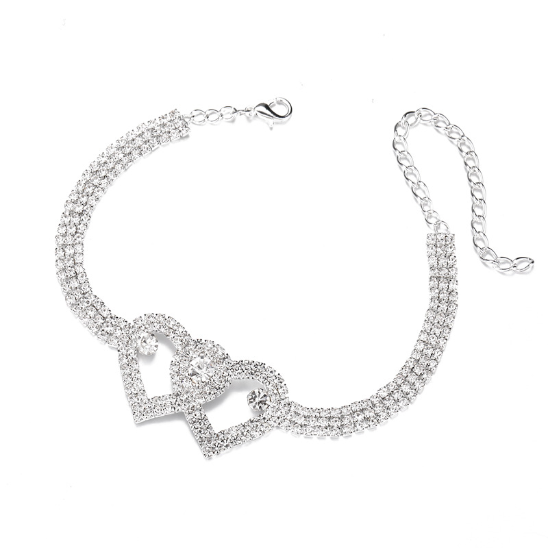 Double Heart Crystal Anklet Bracelet with Rhinestone Accents