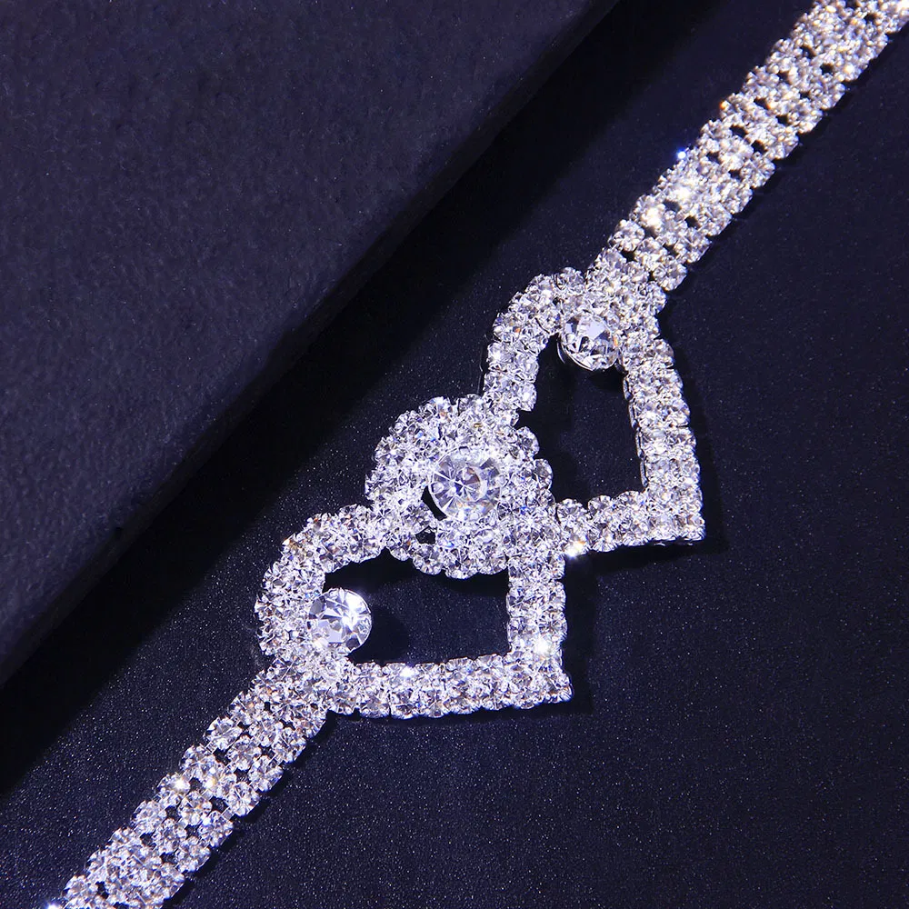 Double Heart Crystal Anklet Bracelet with Rhinestone Accents
