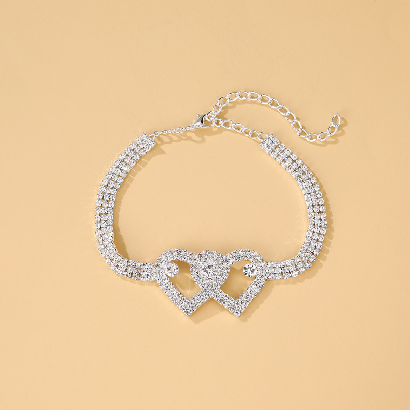 Double Heart Crystal Anklet Bracelet with Rhinestone Accents