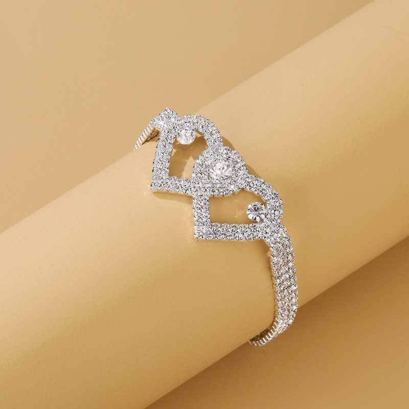 Double Heart Crystal Anklet Bracelet with Rhinestone Accents