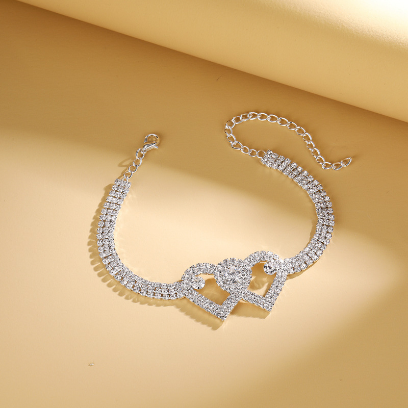 Double Heart Crystal Anklet Bracelet with Rhinestone Accents