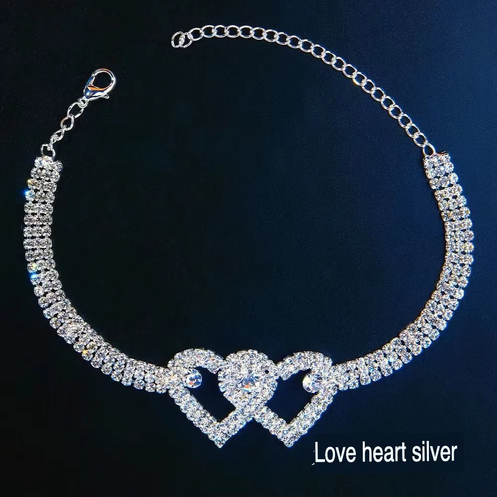 Double Heart Crystal Anklet Bracelet with Rhinestone Accents