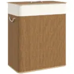 HOMCOM Double Laundry Basket with Lid, 26.4 Gallon Bamboo Laundry Hamper with Rope Handles and Removable Liner, Brown - Image 11