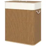 HOMCOM Double Laundry Basket with Lid, 26.4 Gallon Bamboo Laundry Hamper with Rope Handles and Removable Liner, Brown