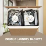 HOMCOM Double Laundry Basket with Lid, 26.4 Gallon Bamboo Laundry Hamper with Rope Handles and Removable Liner, Brown - Image 4
