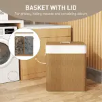 HOMCOM Double Laundry Basket with Lid, 26.4 Gallon Bamboo Laundry Hamper with Rope Handles and Removable Liner, Brown - Image 5
