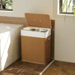 HOMCOM Double Laundry Basket with Lid, 26.4 Gallon Bamboo Laundry Hamper with Rope Handles and Removable Liner, Brown - Image 8
