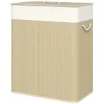 HOMCOM Double Laundry Basket with Lid, 26.4 Gallon Bamboo Laundry Hamper with Rope Handles and Removable Liner, Natural
