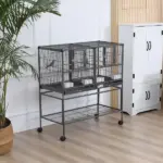PawHut Double Rolling Metal Bird Cage Large 40.25" H with Storage Shelf Wood Perch Food Container Wheels Black Gray - Image 2