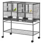 PawHut Double Rolling Metal Bird Cage Large 40.25" H with Storage Shelf Wood Perch Food Container Wheels Black Gray - Image 11