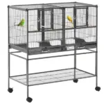 PawHut Double Rolling Metal Bird Cage Large 40.25" H with Storage Shelf Wood Perch Food Container Wheels Black Gray