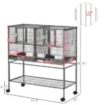 PawHut Double Rolling Metal Bird Cage Large 40.25" H with Storage Shelf Wood Perch Food Container Wheels Black Gray - Image 3