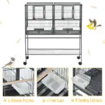 PawHut Double Rolling Metal Bird Cage Large 40.25" H with Storage Shelf Wood Perch Food Container Wheels Black Gray - Image 4