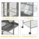PawHut Double Rolling Metal Bird Cage Large 40.25" H with Storage Shelf Wood Perch Food Container Wheels Black Gray - Image 5