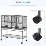 PawHut Double Rolling Metal Bird Cage Large 40.25" H with Storage Shelf Wood Perch Food Container Wheels Black Gray - Image 6