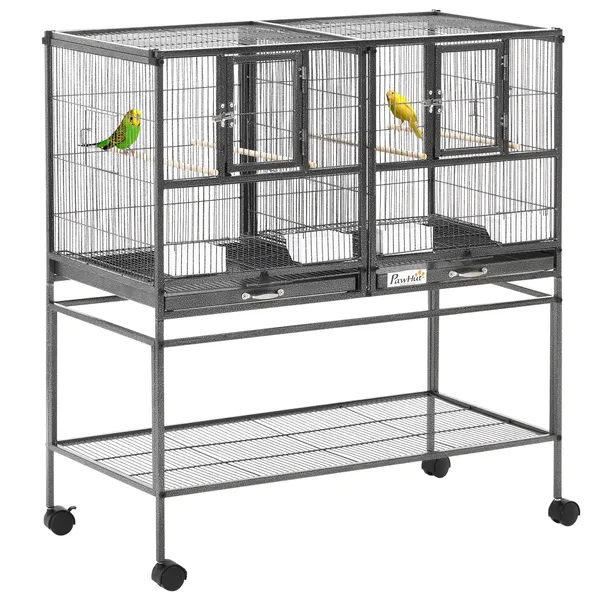double-rolling-metal-bird-cage-large-4025-h-with-storage-shelf-wood-perch-food-container-wheels-black-gray.webp PawHut Double Rolling Metal Bird Cage Large 40.25" H with Storage Shelf Wood Perch Food Container Wheels Black Gray - Image 1