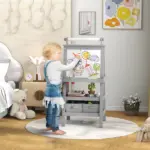 Double Sided Easel for Kids, Standing Toddler Easel with Paper Roll, Magnetic Whiteboard, Chalkboard and Storage, Gray - Image 2