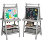 Double Sided Easel for Kids, Standing Toddler Easel with Paper Roll, Magnetic Whiteboard, Chalkboard and Storage, Gray - Image 11