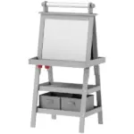 Double Sided Easel for Kids, Standing Toddler Easel with Paper Roll, Magnetic Whiteboard, Chalkboard and Storage, Gray
