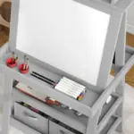 Double Sided Easel for Kids, Standing Toddler Easel with Paper Roll, Magnetic Whiteboard, Chalkboard and Storage, Gray - Image 8