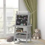 Double Sided Easel for Kids, Standing Toddler Easel with Paper Roll, Magnetic Whiteboard, Chalkboard and Storage, Gray - Image 10