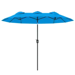 double sided patio umbrella 95 outdoor umbrella with push button tilt and crank 3 air vents and 12 ribs cyan blue
